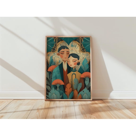 Teal Copper Wall Art, Romantic Couple Print, Tropical Botanical Decor, Modern Living Room Poster Unframed Paper Print