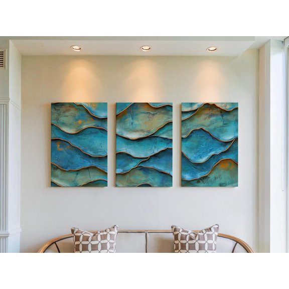 Teal Copper Wave Prints Set Of 3, Modern Patina Bedroom Seascape Wall Art