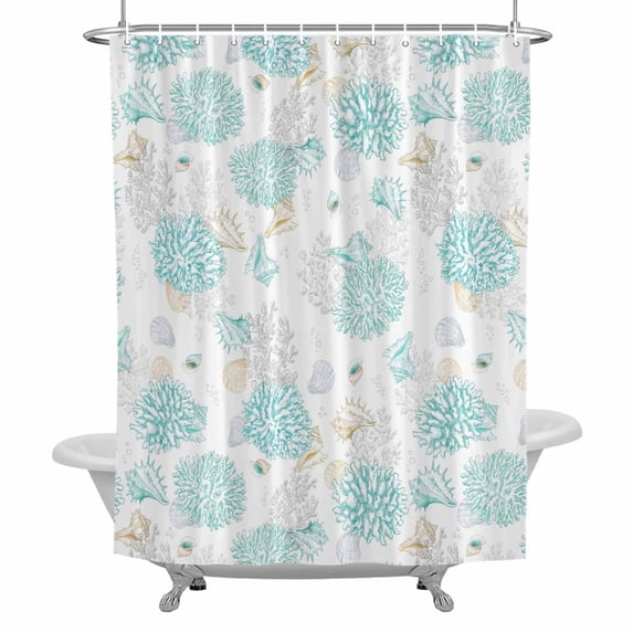 Teal Coral Bathroom Shower Curtain, Watercolor Conch Shell Ocean Coastal Waterproof Washable Soft Bath Curtain for Bathtub Decor with 12 Hooks&Grommet, 48x72 Inch