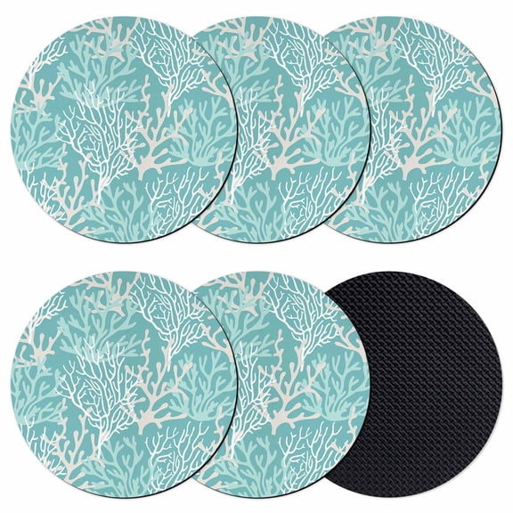 Teal Coral Coastal Coasters Set of 6, Soft Absorbent Coasters for Drinks, Ocean Nautical Seaside Beach Non-Slip Cup Coaster Mat with Rubber Bottom for Home Kitchen Desk Coffee Bar Table Decor 4"