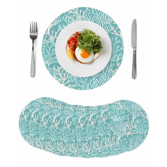 Teal Coral Coastal Round 13 Inch Placemats Set of 8, Ocean Nautical Seaside Beach HeatResistant Non Slip Place Mats for Dining Table, Wipeable Braided Kitchen Table Mats for Housewarming