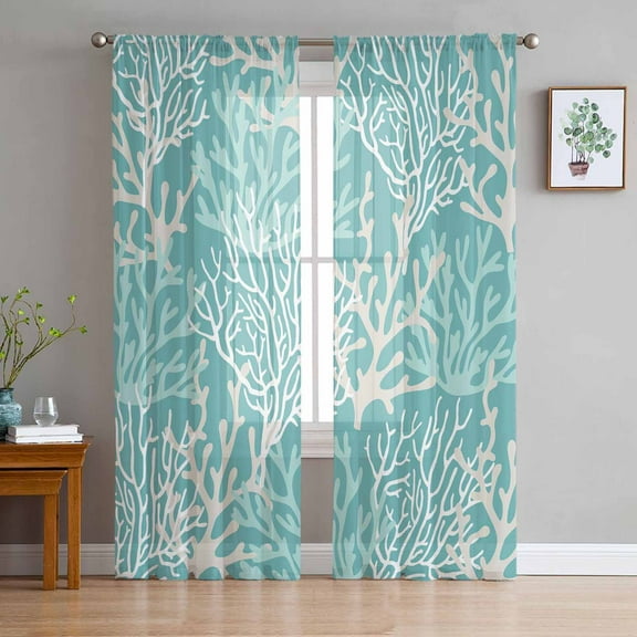 Teal Coral Coastal Semi Sheer Curtains 63 Inch Length 2 Panels Set, Ocean Nautical Seaside Beach Sheer Kitchen Curtain Privacy Voile Window Curtain for Living Room Bedroom Rod Pocket Drapes