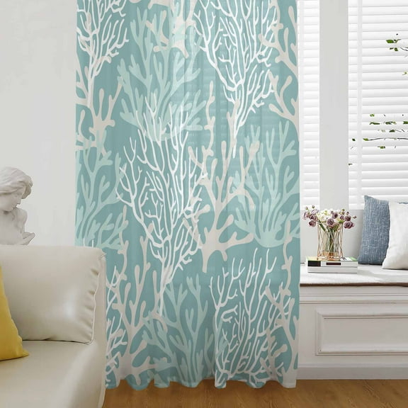 Teal Coral Coastal Semi Sheer Curtains Drapes for Living Room, Bedroom, French Doors Window 96 Inches Long, Ocean Nautical Seaside Beach Rod Pocket Chiffon Curtain Drapery Voile Draperies Panel