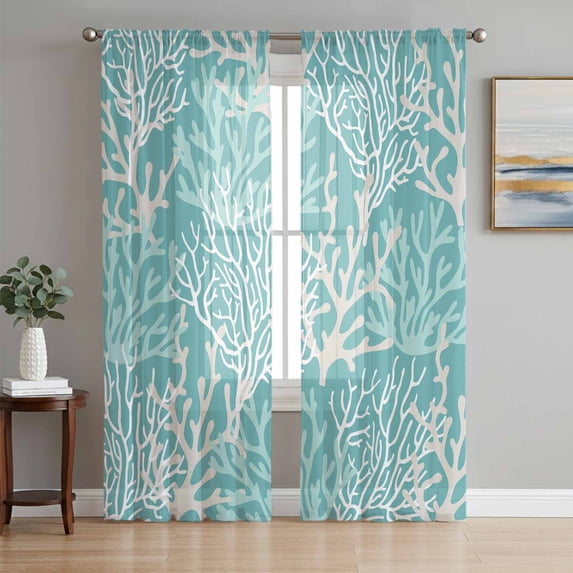 Teal Coral Coastal Sheer Curtains 84 Inch Length 2 Panels Set, Ocean Nautical Seaside Beach Voile Window Treatment Rod Pocket Curtains Sheers Drapes for Bedroom/Living Room/Kitchen 52"x84"x2