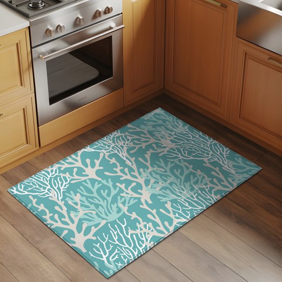 Teal Coral Coastal Small Area Rug 2x3 Ft, Bathroom Rugs Washable Kitchen Rug Runner, Ocean Nautical Seaside Beach Non Slip Indoor Outdoor Rugs Welcome Front Door Mat Carpet for Entryway Sink