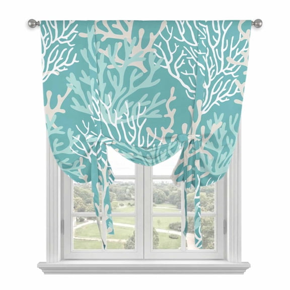 Teal Coral Coastal Tie Up Curtains for Kitchen Windows,Adjustable Rod Pocket Valance 63 Inch Long, Ocean Nautical Seaside Beach Window Treatment Balloon Roman Blind Shade, 52" x 63"