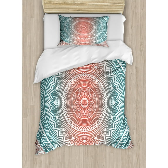 Teal and Coral Duvet Cover Set, Ombre Mandala Art Antique Gypsy Folk Pattern Cosmos Image, Decorative 2 Piece Bedding Set with 1 Pillow Shams, Twin Size, Teal Coral, by Ambesonne
