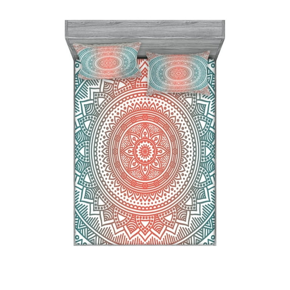 Teal and Coral Fitted Sheet & Pillow Sham Set, Ombre Mandala Art Antique Gypsy Folk Pattern Cosmos Image, Decorative Printed 6 Piece Bedding Decor Set, Full, Teal Coral, by Ambesonne