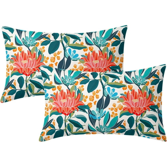 Teal Coral Floral Lumbar Pillow Covers 12X20 Inch Turquoise Green Leaves Orange Flower Rectangular Pillow Cases Set of 2 Blue Red Aqua Cotton Cushion Case Home Decor for Sofa Couch Living Room