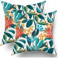 thumbnail image 1 of Teal Coral Floral Pillow Covers 16X16 Inch Turquoise Green Leaves Orange Flower Couch Pillow Cases Set of 2 Blue Red Aqua Cotton Cushion Case Farmhouse Home Decor For Bed Sofa Couch Living Room, 1 of 6