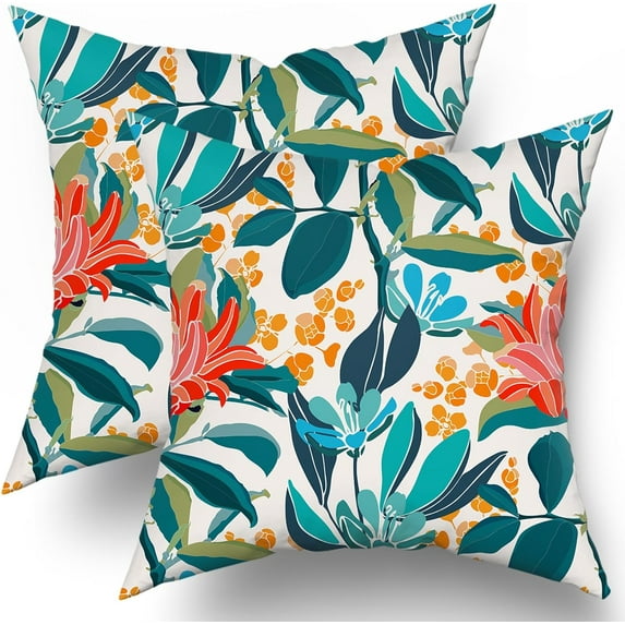 Teal Coral Floral Pillow Covers 16X16 Inch Turquoise Green Leaves Orange Flower Couch Pillow Cases Set of 2 Blue Red Aqua Cotton Cushion Case Farmhouse Home Decor For Bed Sofa Couch Living Room