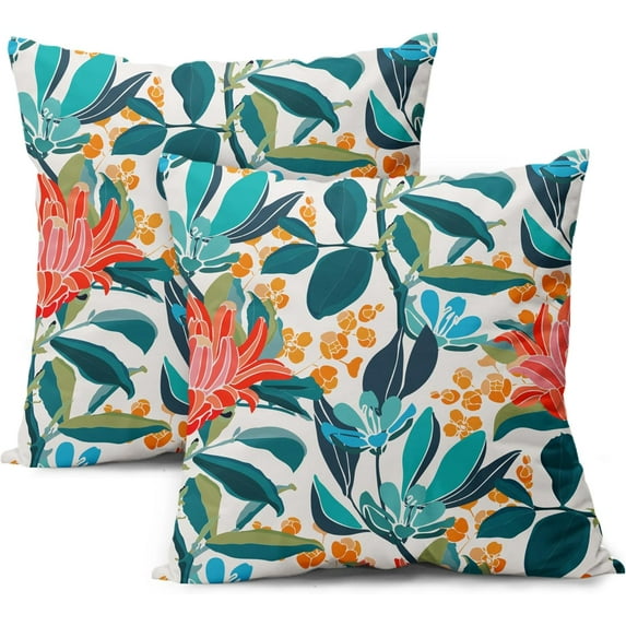 Teal Coral Floral Pillow Covers 18X18 Inch Turquoise Green Leaves Orange Flower Couch Pillow Cases Set of 2 Blue Red Aqua Cotton Cushion Case Farmhouse Home Decor For Bed Sofa Couch Living Room