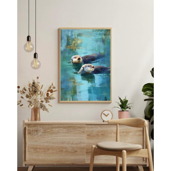 Teal Coral Otter Wall Art Modern Coastal Otters Wall Art Serene Blue Luxe Decor Playful Statement Energy Piece Unframed Paper Print