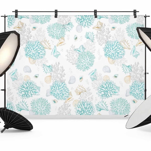Teal Coral Photography Backdrop 8x6FT, Watercolor Conch Shell Ocean Coastal Photo Backdrops, Background for Photography Studio Photo Studio Background, Back Drop for Photoshoot