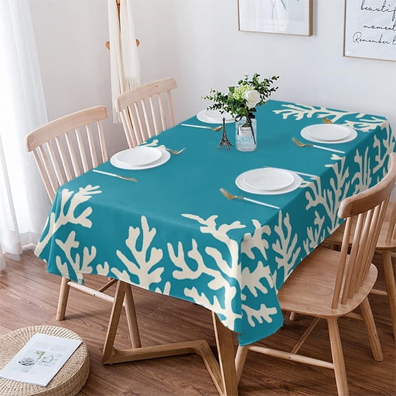 Teal Coral Rectangle/Square/Round Waterproof Tablecloths 60x84 inch Aqua Summer Beach Nautical Seaside Coastal Polyester Table Cloth Table Cover Tabletop for Wedding Party Dinner