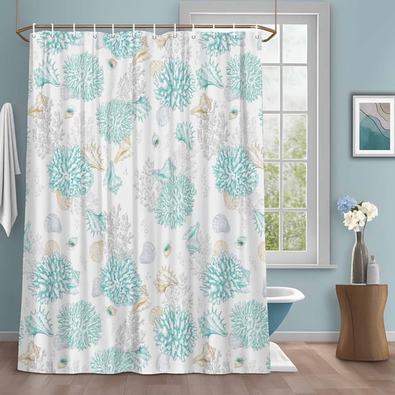 Teal Coral Shower Curtains for Bathroom, Watercolor Conch Shell Ocean Coastal Washable Fabric Shower Curtain with Hooks Waterproof Bathroom Decor Sets, 36 x 78 Inches