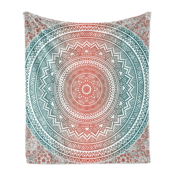 Teal and Coral Soft Flannel Fleece Throw Blanket, Ombre Mandala Art Antique Gypsy Folk Pattern Cosmos Image, Cozy Plush for Indoor and Outdoor Use, 50" x 60", Teal Coral, by Ambesonne