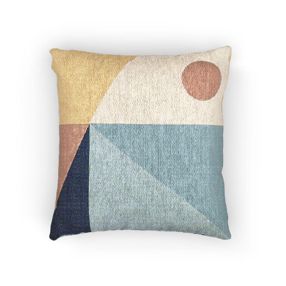 Teal, Coral and Pale Yellow Geometric Color Block Woven Pillow with Cotton-Polyester Shell