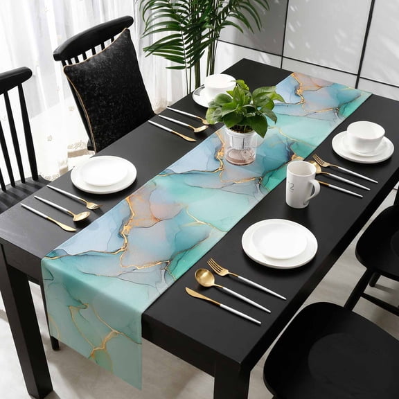 Teal Cotton Linen Small Table Runner 13 x 60 inch Modern Marble Ink Painting Abstract Art Non-slip Rectangular Dining Table Decor for Wedding Party Holiday Dinner