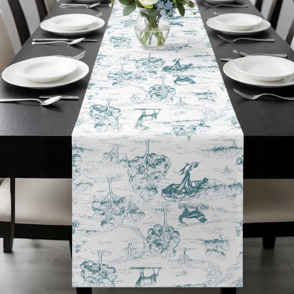 Teal Country Table Runner 120 Inches Long, Abstract Farmhouse Rustic Tree Animals Kitchen Coffee Dining Table Decoration for Home Party Birthday Wedding Home Decor 13x120 Inches