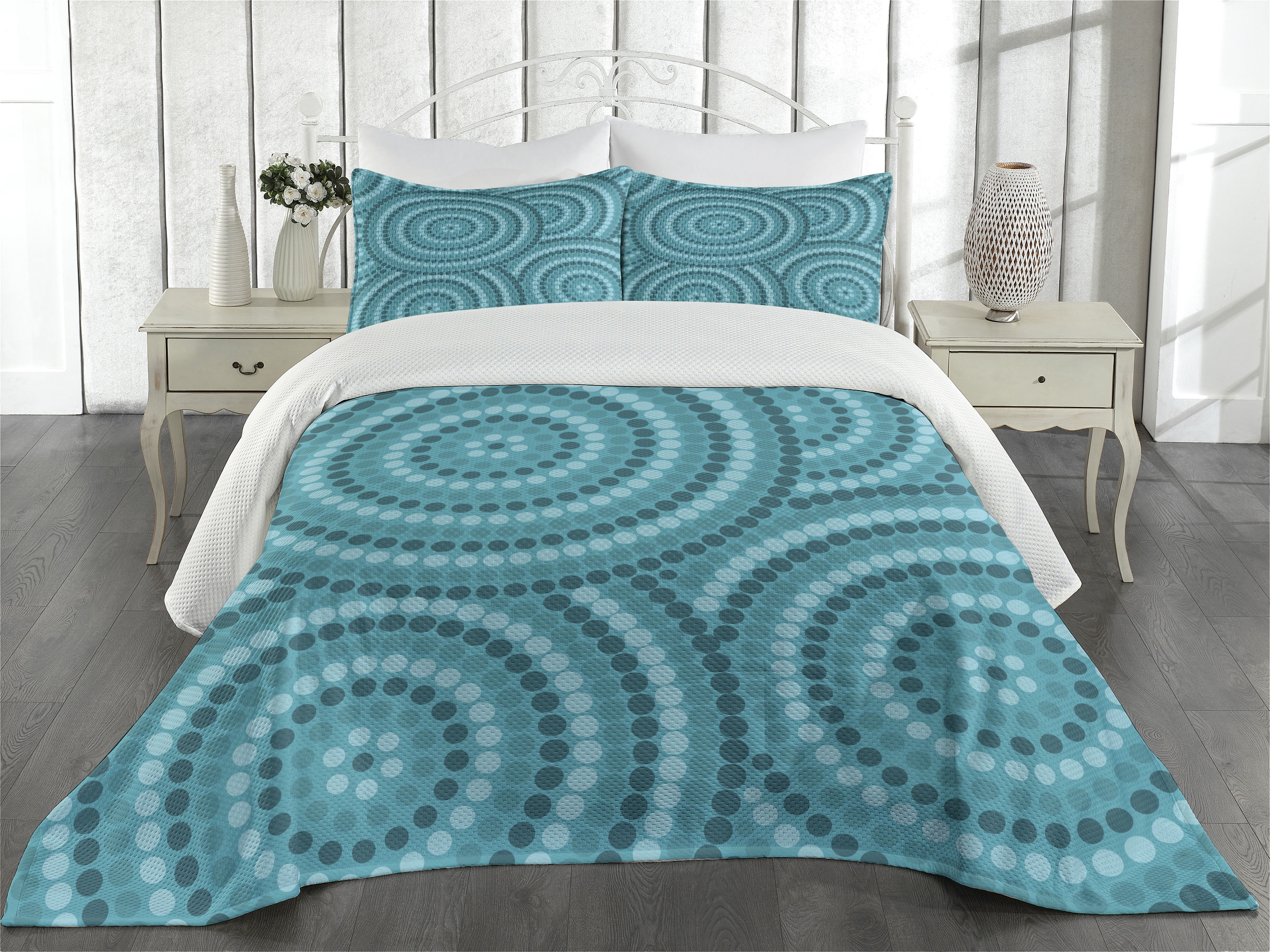 Ambesonne Teal Quilted Coverlet 3 Pcs, Abstract Australian Dots, Queen