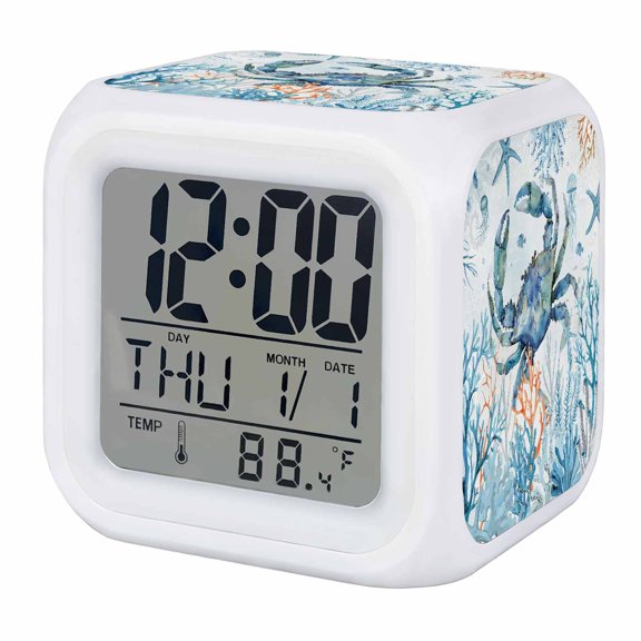 Teal Crab Alarm Clock, Coral Starfish Underwater Marine Life Coastal Digital Clock Night Light with 7 Color, Calendar Temperature Display, LED Desk Small Clock for Bedrooms Bedside Living Room