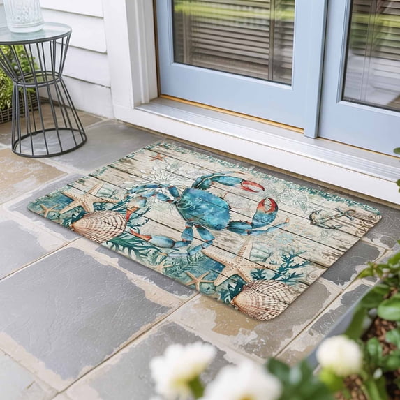 Teal Crab Coastal Door Mat Indoor Outdoor,Summer Beach Nautical Starfish Retro Non Slip Welcome Mat with Rubber Backing,Absorbent Fabric Front Door Mats Entryway Rug for Home Patio Entrance 20"x31.5"