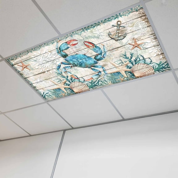 Teal Crab Coastal Fluorescent Light Covers, Summer Beach Nautical Starfish Retro Magnetic Light Covers for Ceiling Lights, Fluorescent Ceiling Shade Filters for Classroom Bedroom Office 4x2Ft x 1PCS