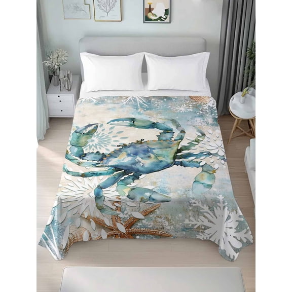 Teal Crab Coastal King Size Flat Sheet, Wrinkleproof & Fadeproof Cooling Flat Bed Sheet Only, Nautical Summer Beach Starfish Ocean Breathable Soft Bedding Top Sheets 105 x 98 Inches