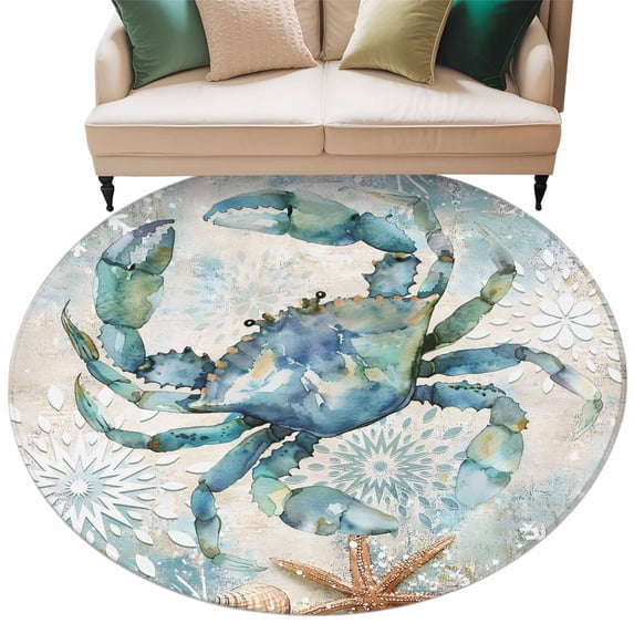 Teal Crab Coastal Large Area Rugs for Bedroom Living Room, Soft Non Slip Carpet Bedside Rug, Nautical Summer Beach Starfish Ocean Round Floor Cover Kitchen Accent Rug 7' for Dining Room/Office