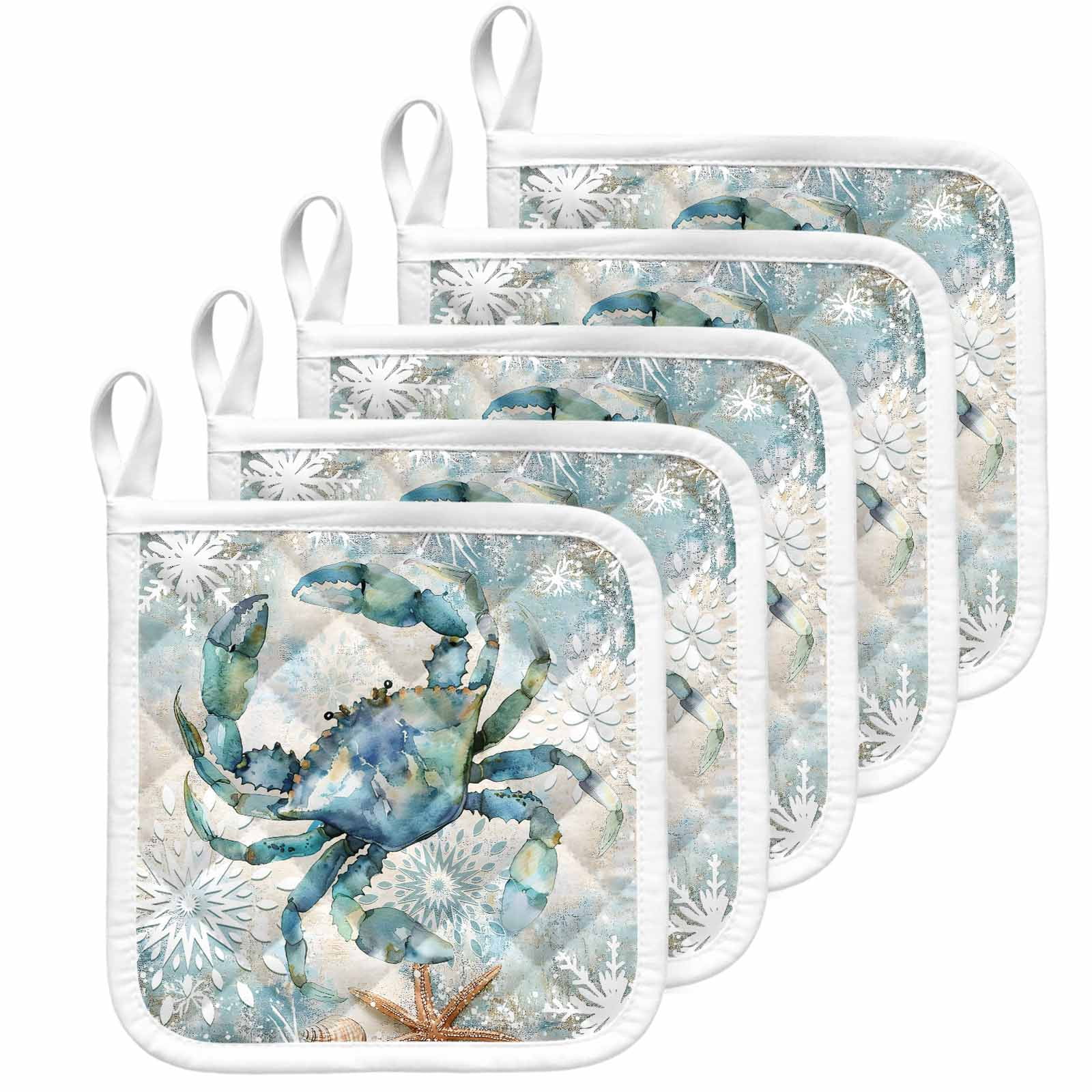 Teal Crab Coastal Pot Holders for Kitchen Heatproof Potholder, 5 Pack Nautical Summer Beach Starfish Ocean Hot Pads Multipurpose Oven Pads Cloth Potholders Trivet for Cooking Baking