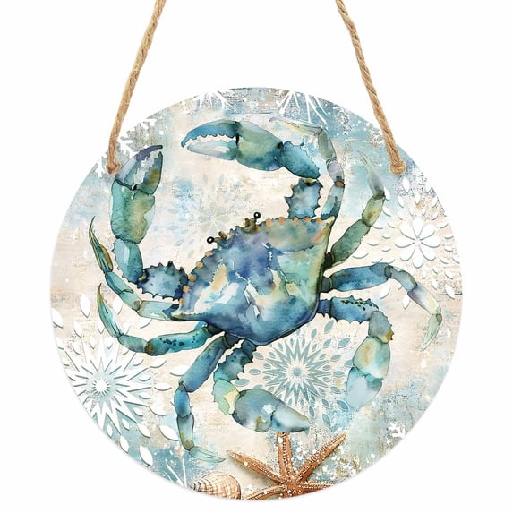 Teal Crab Coastal Round Front Door Welcome Sign, 7.8 Inch Wall Hanging Decor for Indoor Outdoor, Nautical Summer Beach Starfish Ocean Home Porch Hanger Decorations for Holiday Gift