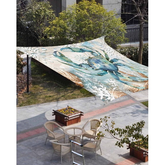 Teal Crab Coastal Sun Shade Sail 8'x10' Rectangle Outdoor Shade Canopy, Nautical Summer Beach Starfish Ocean Porch Shades Outdoor Sun Blocking Screen, Sunshade Cloth Covers for Patio/Deck/Garden