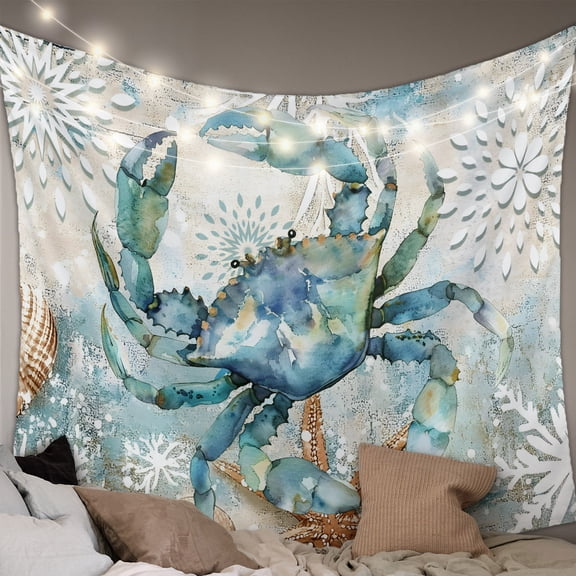 Teal Crab Coastal Tapestry for Bedroom Wall Hanging Tapestry, Nautical Summer Beach Starfish Ocean Ceiling Backdrop Tapestries Poster Blanket Wall Decor for Teens Room Living Room Dorm 55" x 73"