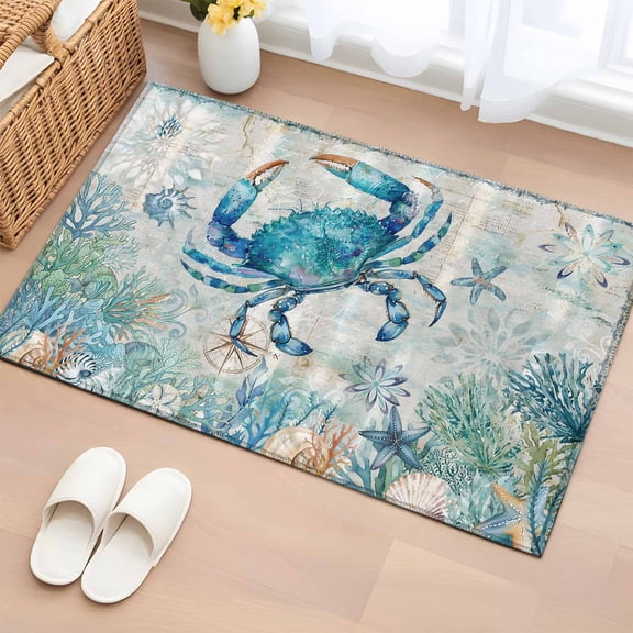 Teal Crabs Coastal Entryway Rug 2'x3'&nbsp; Non Slip Front Door Mats, Summer Beach Coral Nautical Ocean Entrance Rugs Indoor Outdoor Carpet, Washable Floor Mats Small Area Rug for Bedroom Kitchen