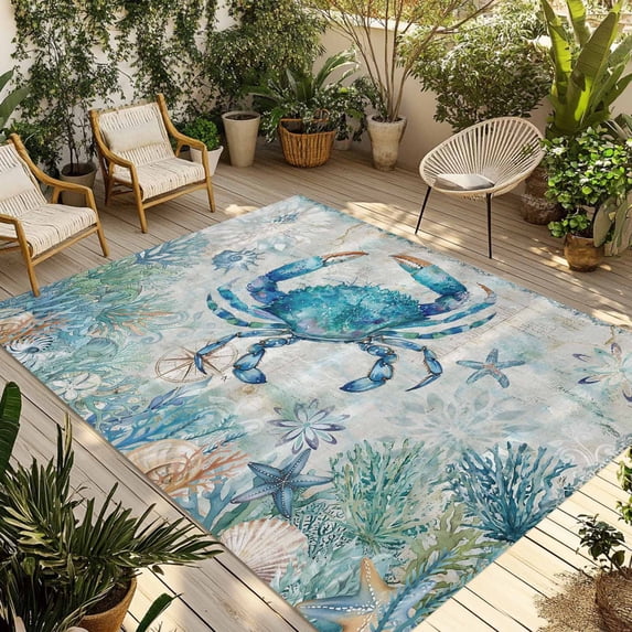 Teal Crabs Coastal Outdoor Rug for Patio/Deck/Porch, Non-Slip Large Area Rug 5 x 8 Ft, Summer Beach Coral Nautical Ocean Indoor Outdoor Rugs Washable Area Rugs, Reversible Camping Rug Carpet Runner