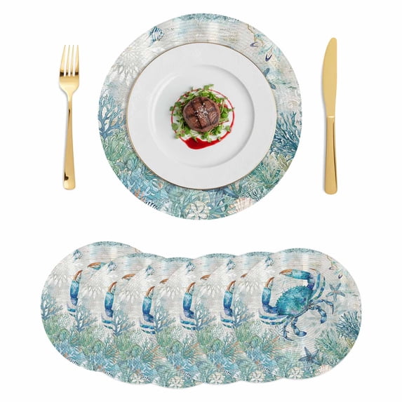 Teal Crabs Coastal Round 15 Inch Placemats Set of 6, Summer Beach Coral Nautical Ocean HeatResistant Non Slip Place Mats for Dining Table, Wipeable Braided Kitchen Table Mats for Housewarming