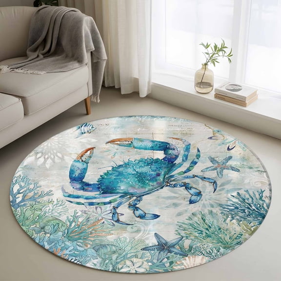 Teal Crabs Coastal Round Area Rug 3Ft Washable Small Circle Rugs for Kitchen Entryway, Summer Beach Coral Nautical Ocean Non-Slip Carpet Floor Mats Indoor Outdoor Carpet Runner Aesthetic Home Decor
