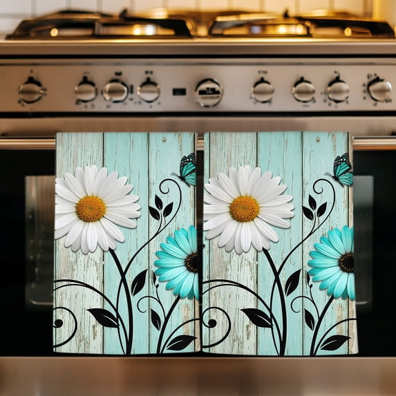 Teal Cream Daisy Farmhouse Kitchen Towels Set of 4, Country Vintage Floral Absorbent Dish Towels for Kitchen, Microfiber Hand Towel, Quick Drying Tea Towel for Cleaning Decorative Dishcloths