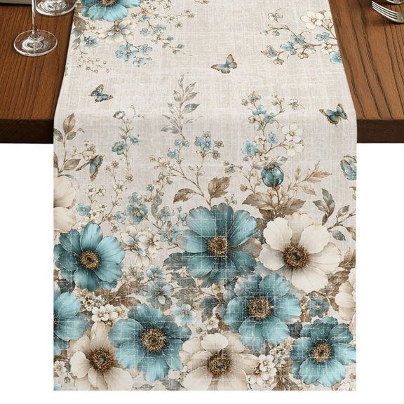 Teal Cream Tulip Burlap Cotton Table Runner 13x36 Inches Short, Weeping Floral Butterflies Summer Farmhouse Table Runners, Outdoor Dining Table Decor for Baby Shower/Party/Wedding