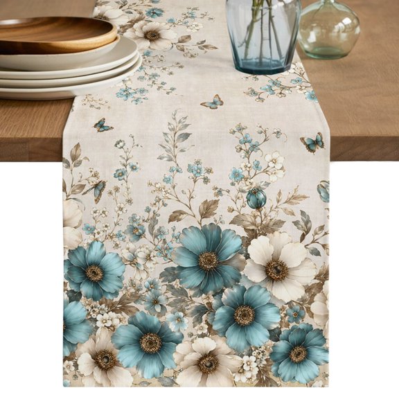 Teal Cream Tulips Table Runner 36 Inches Long, Kitchen Dining Table Decoration, Farmhouse Floral Botanical Coffee Tablerunner Dress Scarves Farmhouse Décor for Party, Holiday, 13 x 36