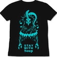 thumbnail image 1 of Teal Creature Graphic Black T-Shirt Long Neck Feathery Wings 'Stay With Soup', 1 of 5