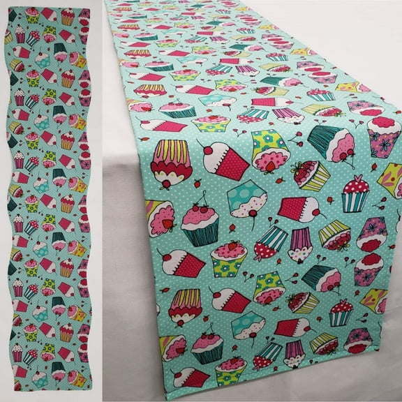 Teal Cupcake Table Runner by Penny's Needful Things (4 Feet Long - SCALLOPED)