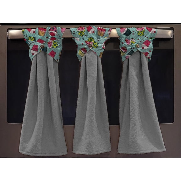 Teal Cupcake Wraparound Snap Hanging Towels (Set of 2) by Penny's Needful Things (Terrycloth Color: Gray)