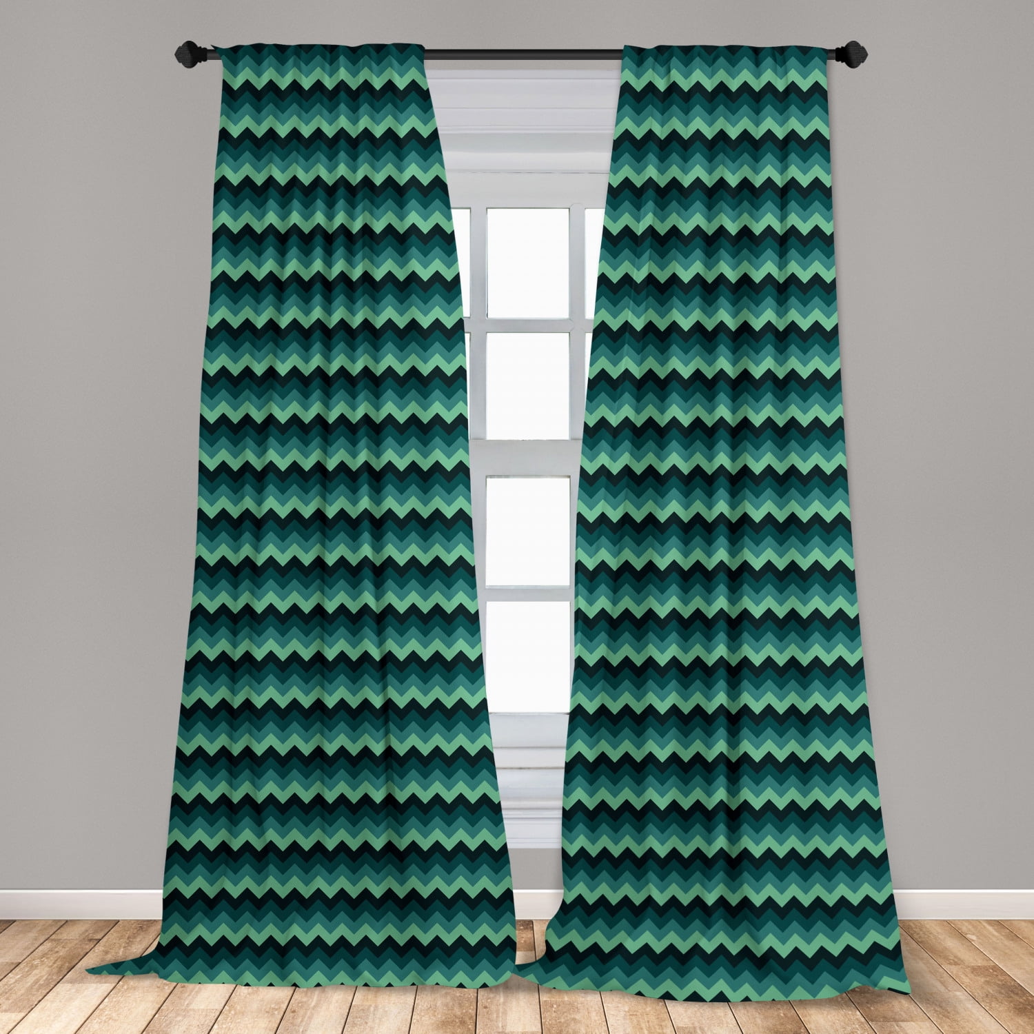 Teal Curtains 2 Panels Set, Expressionist Chevron Style Pattern