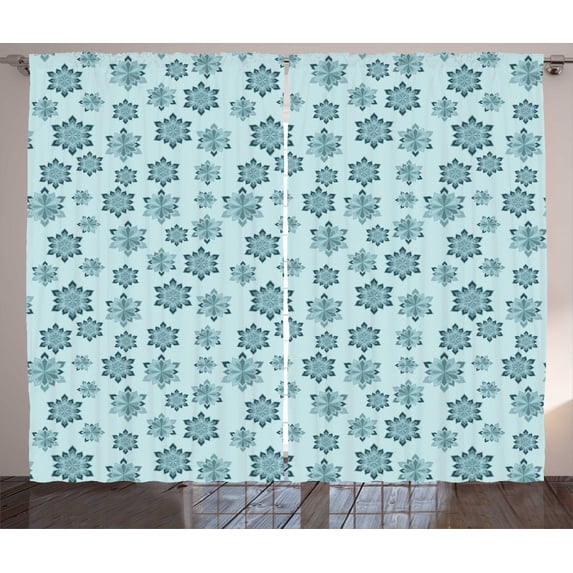Ambesonne Teal Curtains 2 Panel Set, Ornate Winter Snowflakes, 108" x 63", Pale Blue Teal Grey