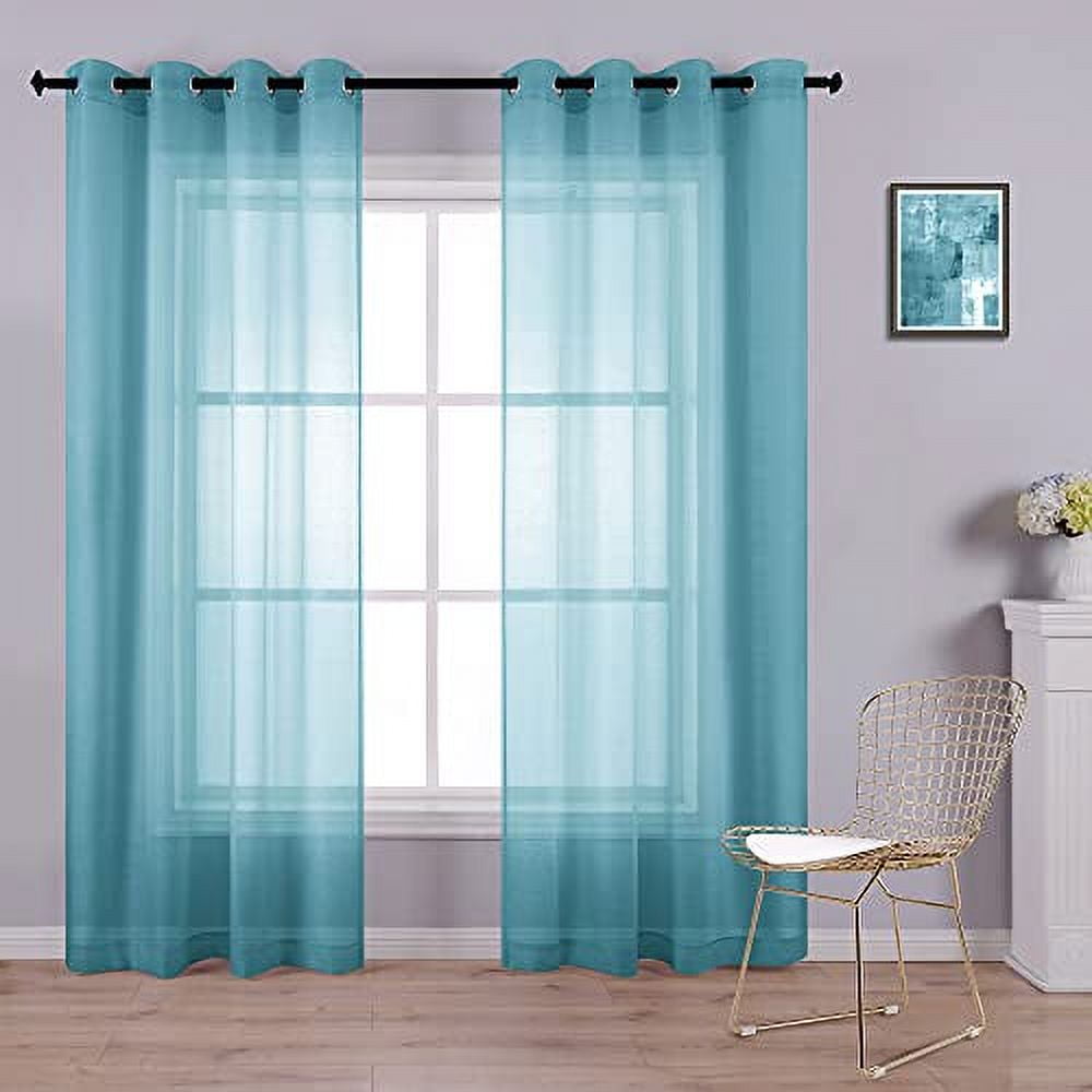 Teal Faux Linen Sheer Grommet Window Panels, 84 Inch Length