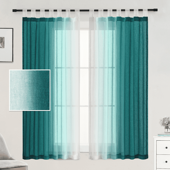 Teal Curtains 84 inch Long Ombre Sheer Curtains Semi Gradient Tab Top Curtains for Bedroom and Living Room, Set of 2 Window Panels, W52 x L84