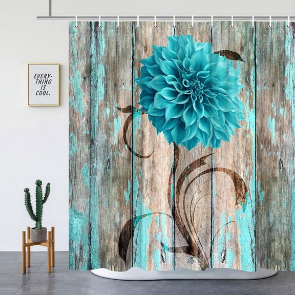 Teal Dahlia Flower Shower Curtain - 70 x 70 Inch Barn Door Turquoise Blue Rustic Country Farm Vintage Wood Plank Farmhouse Bathroom Decor Polyester Curtain with Hooks