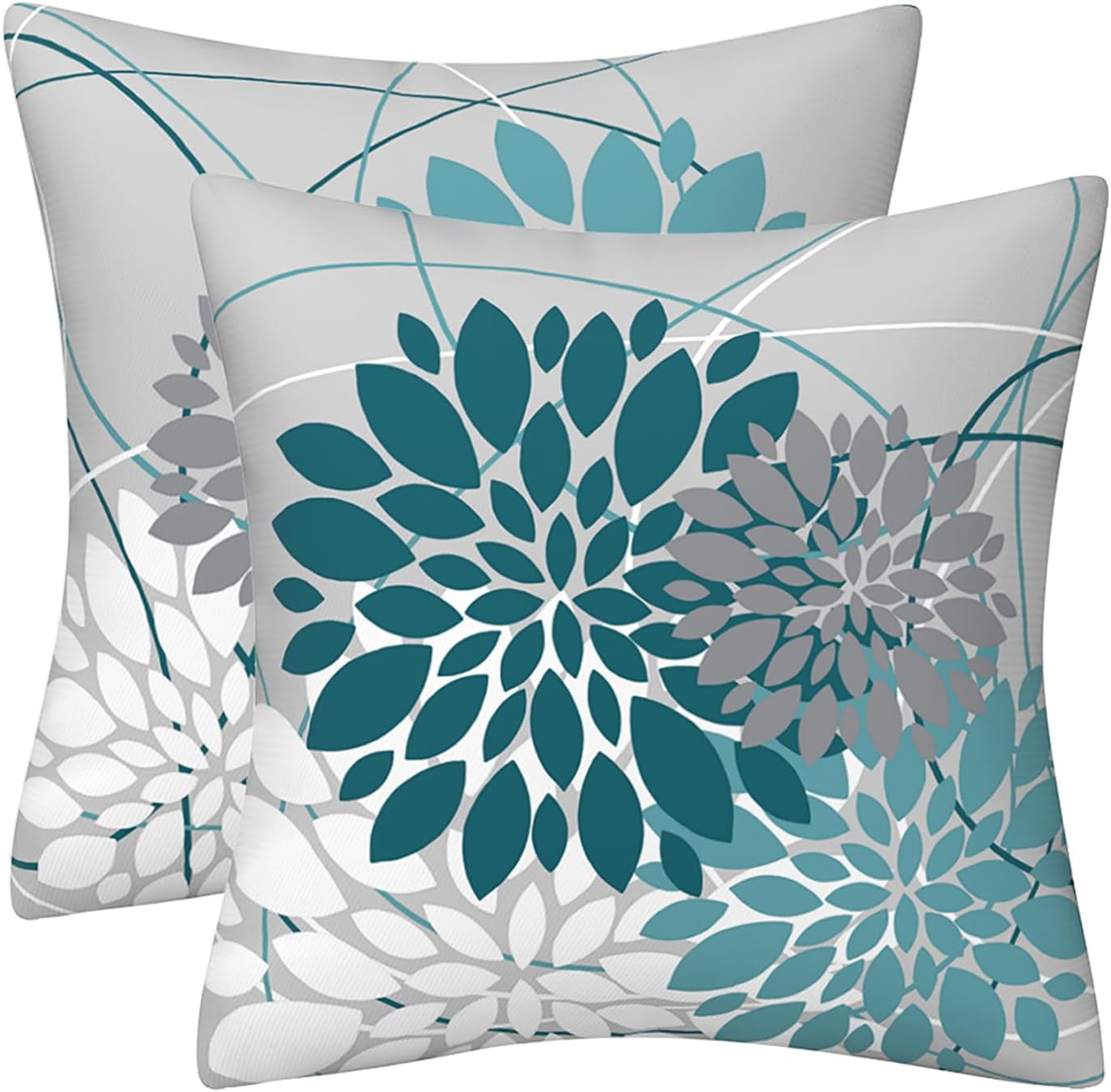 Aqua Dahlia Floral Cotton Polyester Throw Pillow Covers Set